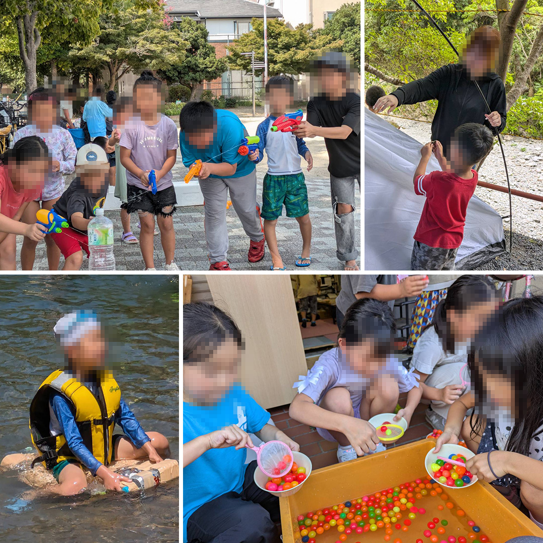 写真：水鉄砲で遊んでる様子。川遊び。スーパーボールすくい