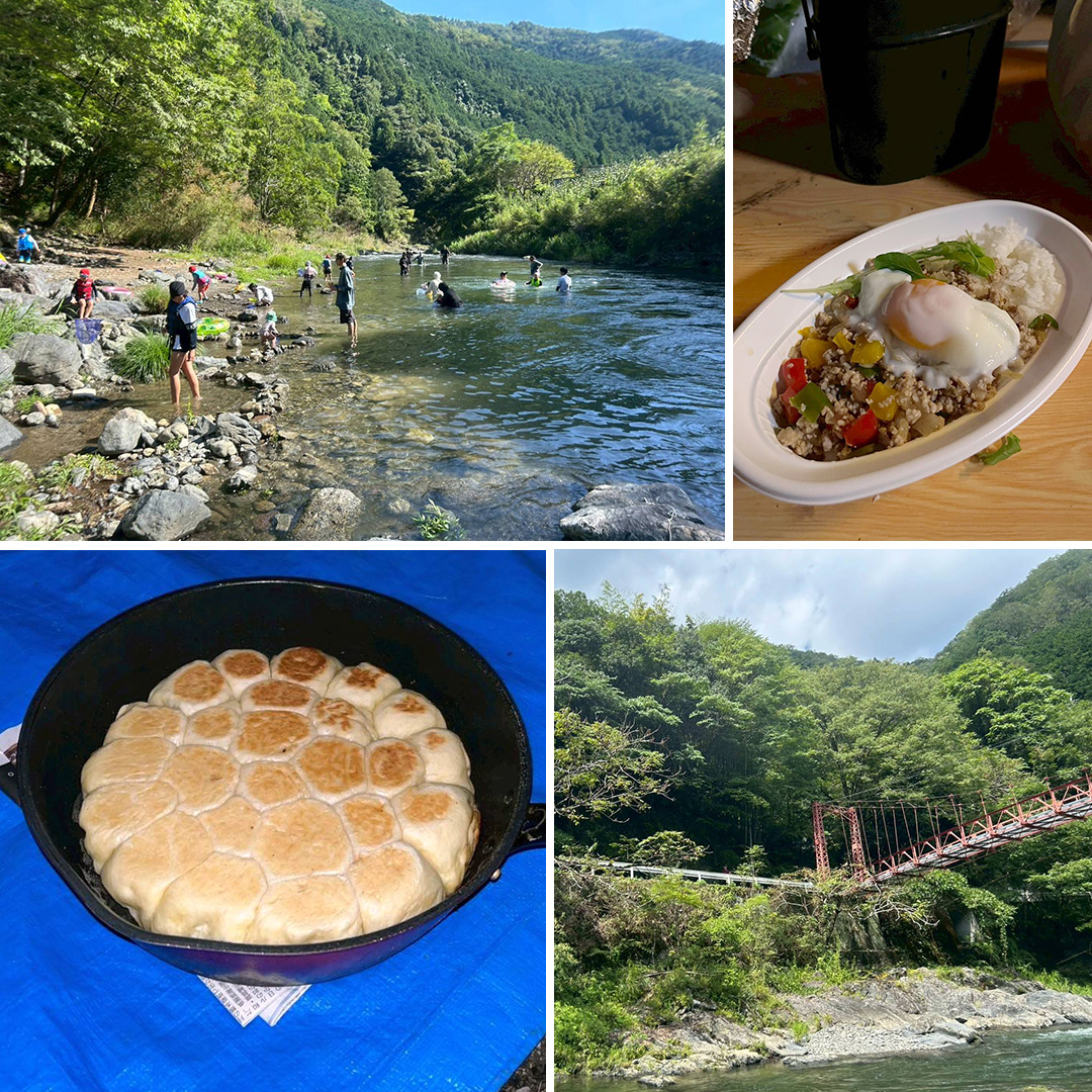 写真：川遊びの様子。ガパオライスやデザートの写真